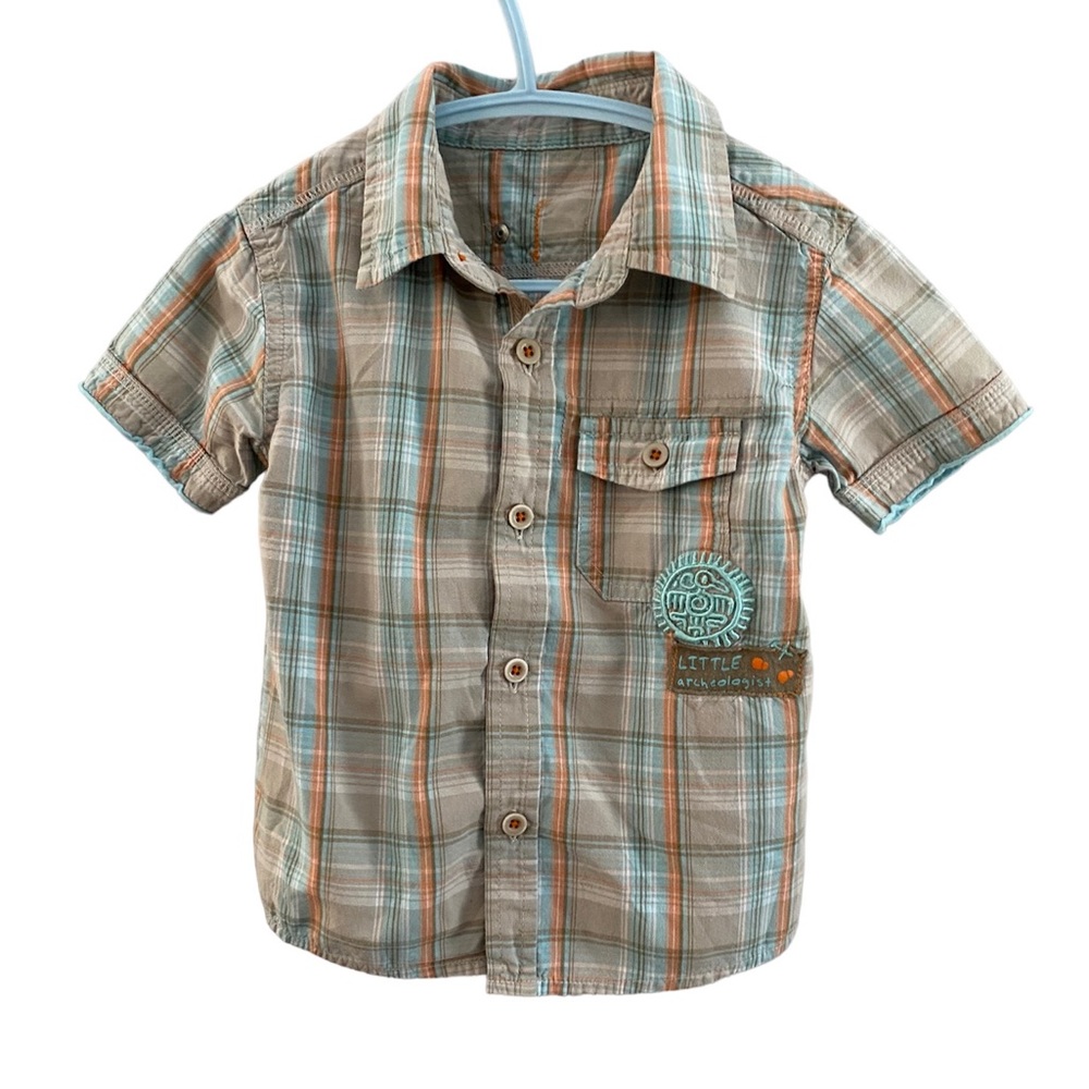 Little Archeologist Applique and Embroidery Button-Front Plaid Shirt